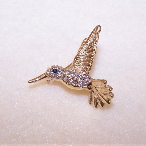 14K Gold Pave Diamond Blue Sapphire Pin Brooch - Hummingbird in Flight - Picture 3 of 7